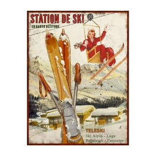 Dekorativní kovová cedule Antic Line Station de Ski, 25 x 33 cm