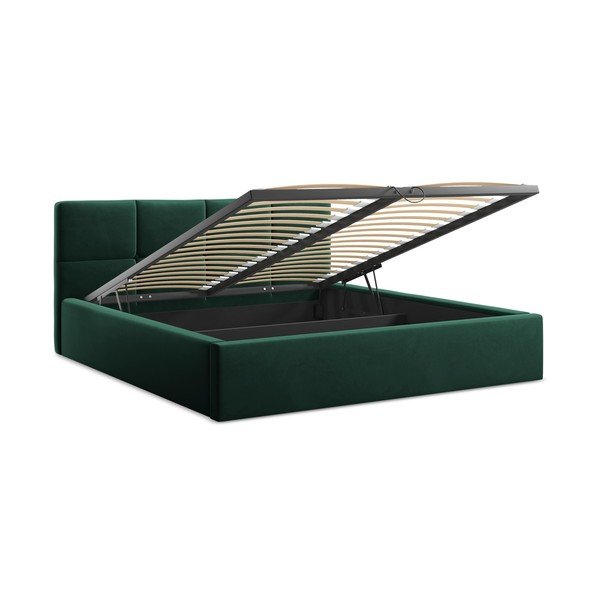 Tmavě zelená sametová čalouněná dvoulůžková postel s úložným prostorem s roštem 140x200 cm Hiko – Makamii-image-2