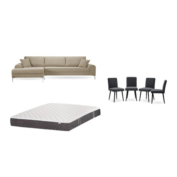 Set šedobéžové pohovky s lenoškou vlevo, 4 antracitově šedých židlí a matrace 160 x 200 cm Home Essentials