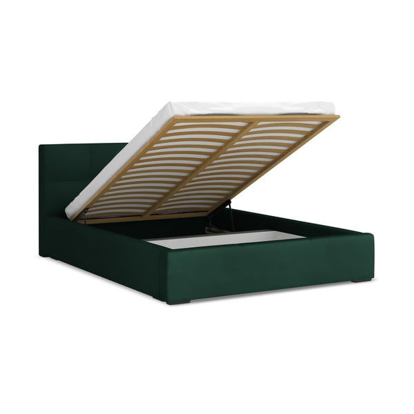 Tmavě zelená sametová čalouněná dvoulůžková postel s úložným prostorem s roštem 140x200 cm Hiko – Makamii-image-1