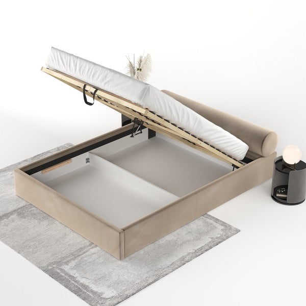 Světle hnědá čalouněná dvoulůžková postel s úložným prostorem s roštem 200x200 cm Solvo – Maison de Rêve-image-3