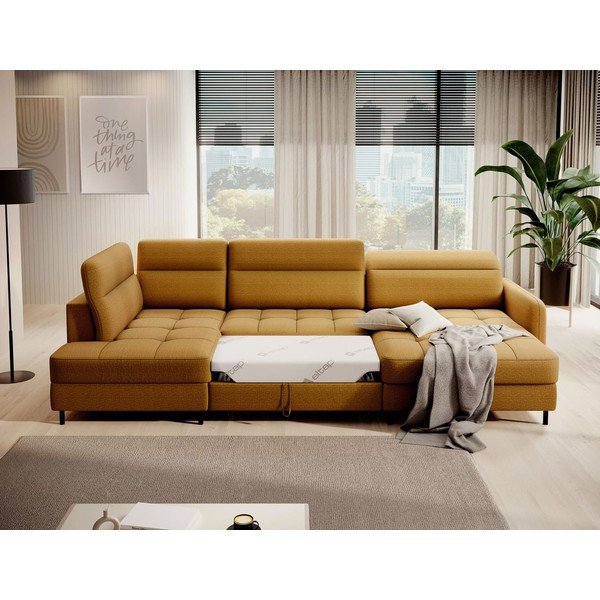 Žlutá sametová rozkládací/s úložným prostorem rohová pohovka (levý roh/do "U") Berrto – ELTAP-image-4