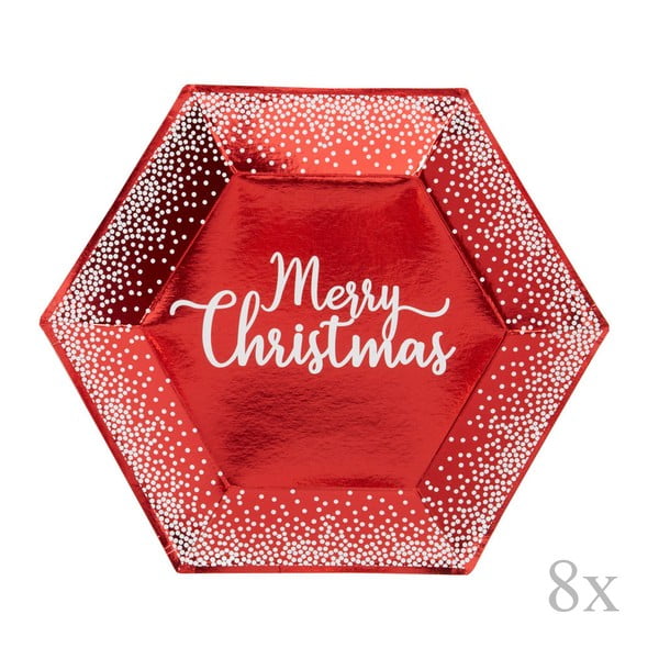 Sada 8 červených vánočních papírových tácků Neviti Merry Christmas Red & White Dots, ⌀ 27 cm