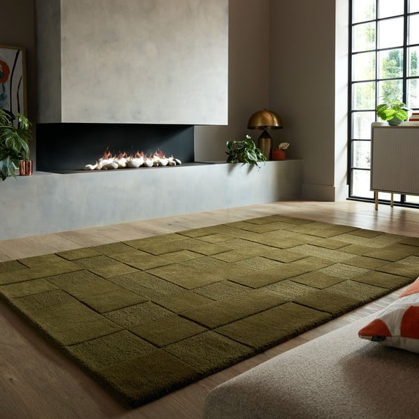 Khaki ručně tkaný vlněný koberec 200x290 cm Checkerboard – Flair Rugs-image-1
