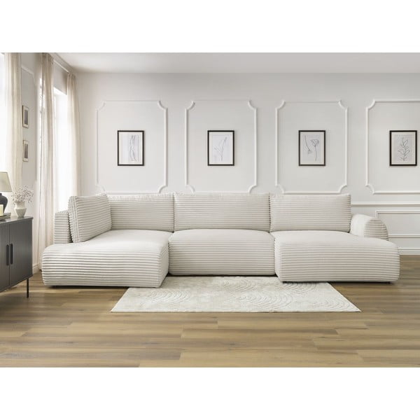 Krémová manšestrová rozkládací/s úložným prostorem rohová pohovka (levý roh/do "U") Lucien – Bobochic Paris-image-1