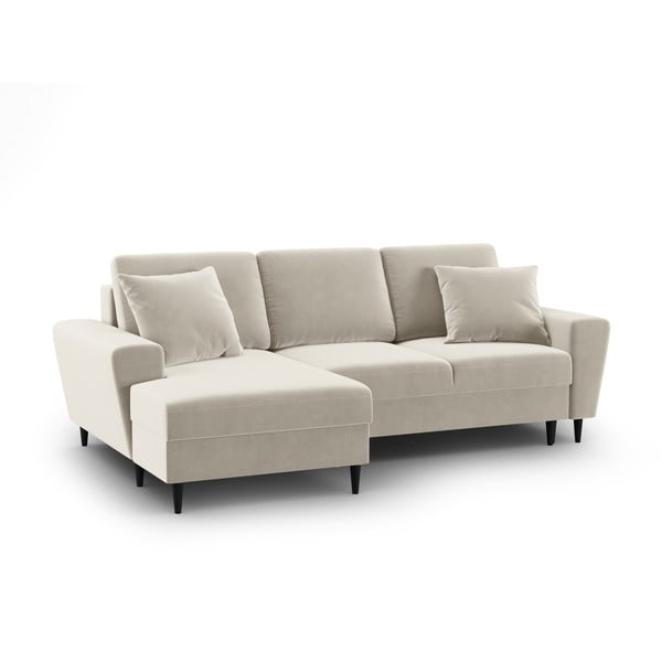 Béžová sametová rozkládací/s úložným prostorem rohová pohovka (levý roh/s lenoškou) Kyoto – Cosmopolitan Design-image-1