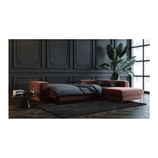 Tmavě růžová sametová rozkládací rohová pohovka Devichy Rothe, pravý roh-image-4