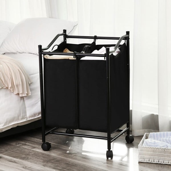 Černý koš s kolečky a 2 segmenty na prádlo Songmics-image-1