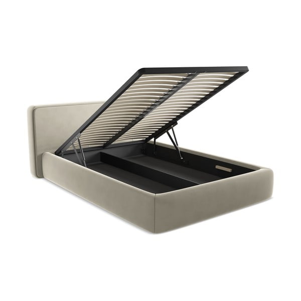 Krémová čalouněná dvoulůžková postel s úložným prostorem s roštem 180x200 cm Kiana – Makamii-image-3