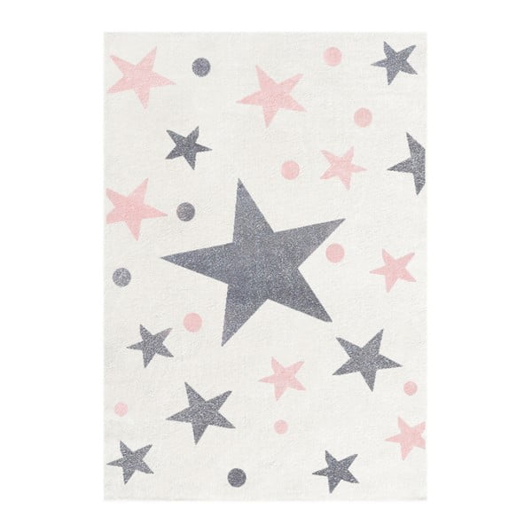 Bílý dětský koberec s šedými a růžovými hvězdami Happy Rugs Stars, 80 x 150 cm