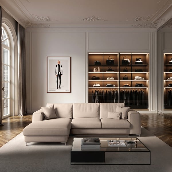 Béžová sametová rozkládací/s úložným prostorem rohová pohovka (levý roh/s lenoškou) Rene – Rodier-image-1