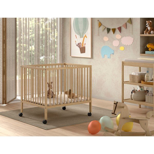 Dětská ohrádka z bukového dřeva s nastavitelnou výškou/na kolečkách 95x75 cm v přírodní barvě Dino – Vipack-image-1