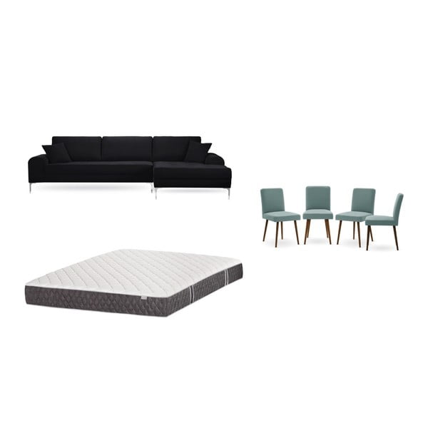 Set černé pohovky s lenoškou vpravo, 4 šedozelených židlí a matrace 160 x 200 cm Home Essentials
