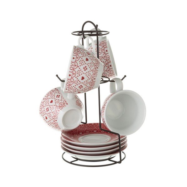 Červeno-bílá sada 4 porcelánových hrnků na čaj se stojanem Unimasa