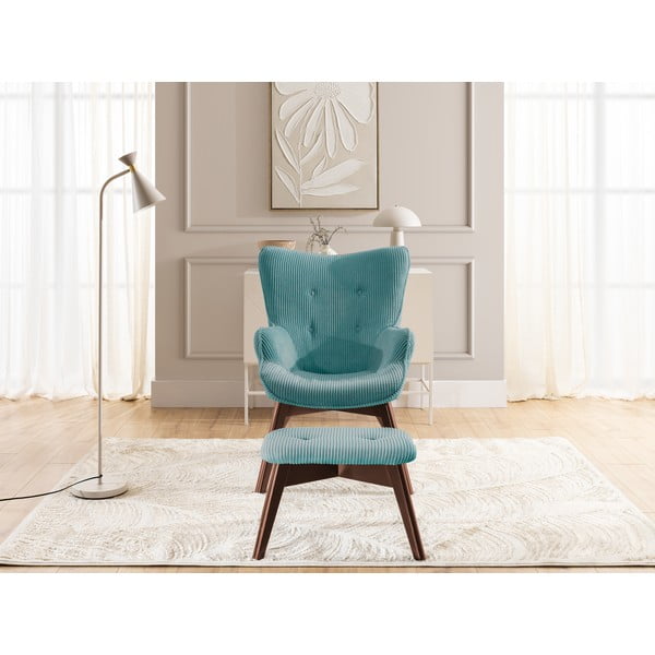 Tyrkysové manšestrové křeslo s podnožkou Niko – Ropez-image-1