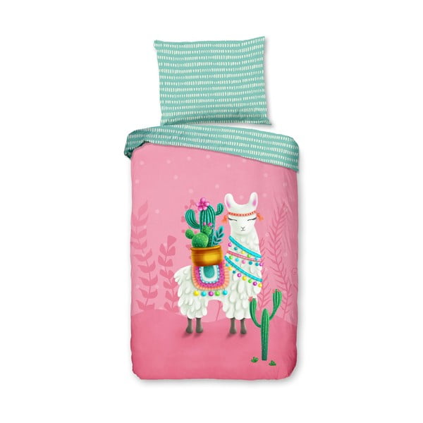 Růžové/tyrkysové bavlněné dětské povlečení na jednolůžko 140x200 cm Lalama – Good Morning