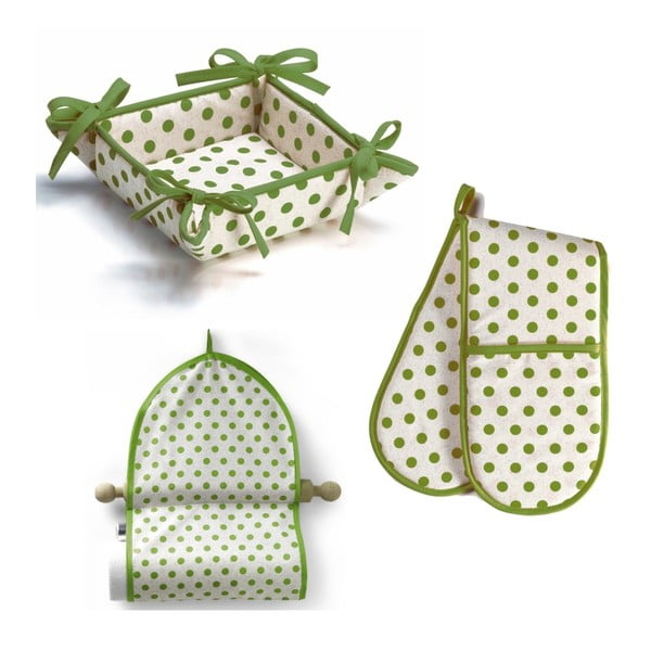Zeleno-bílý set košíčku na pečivo, závěsného košíků a chňapky Kaleidos Lovely