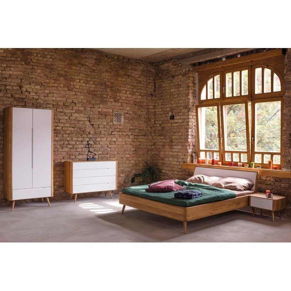 Bílá/přírodní dvoulůžková postel z dubového dřeva 160x200 cm Ena – Gazzda-image-1