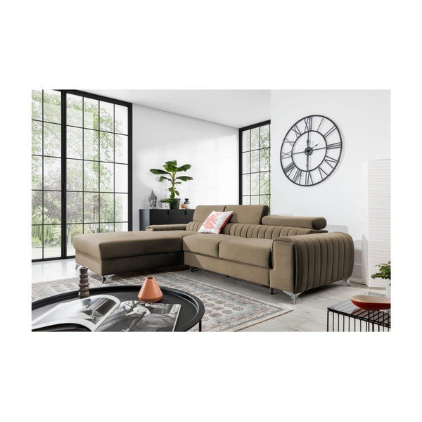 Světle hnědá sametová rozkládací/s úložným prostorem rohová pohovka (levý roh/s lenoškou) Grayson – ELTAP-image-1