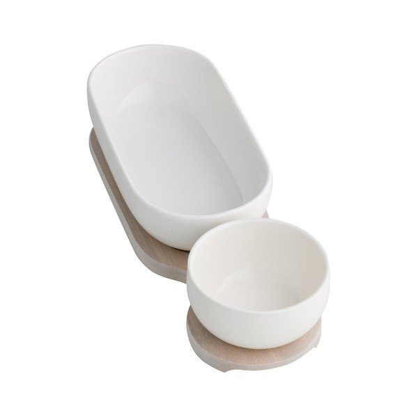 Bílá dvojitá servírovací miska z porcelánu na bambusovém podnosu Brandani Exclamation