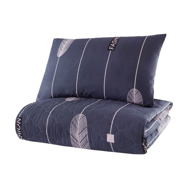 Modrý přehoz přes postel s povlakem na polštář z ranforce bavlny Mijolnir Modena, 180 x 225 cm