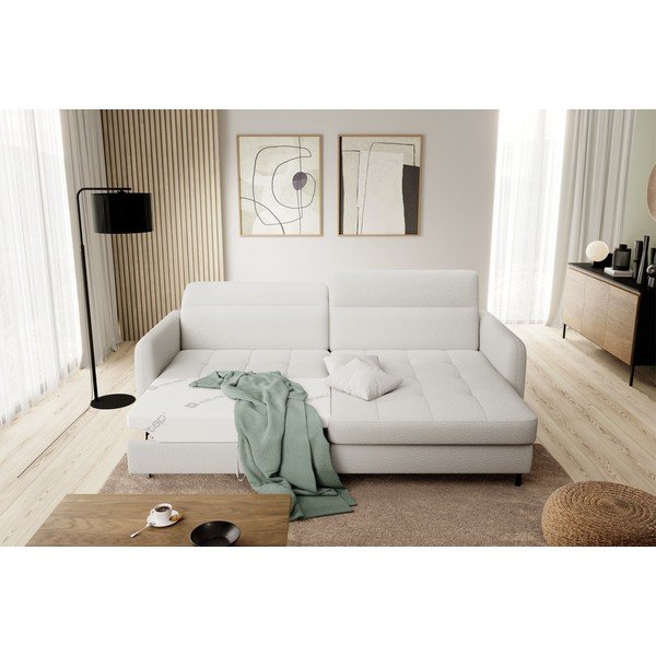 Krémová rozkládací/s úložným prostorem rohová pohovka z textilie bouclé (pravý roh/s lenoškou) Gomsi – ELTAP-image-1