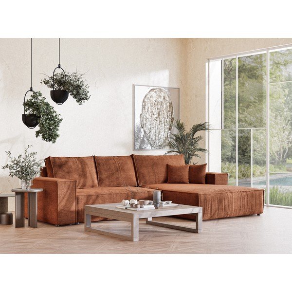 Žinylková rozkládací/s úložným prostorem rohová pohovka v měděné barvě (pravý roh/s lenoškou) Maze – Maison de Rêve-image-1