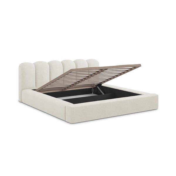 Krémová čalouněná dvoulůžková postel s úložným prostorem s roštem 160x200 cm Mano – Makamii-image-2