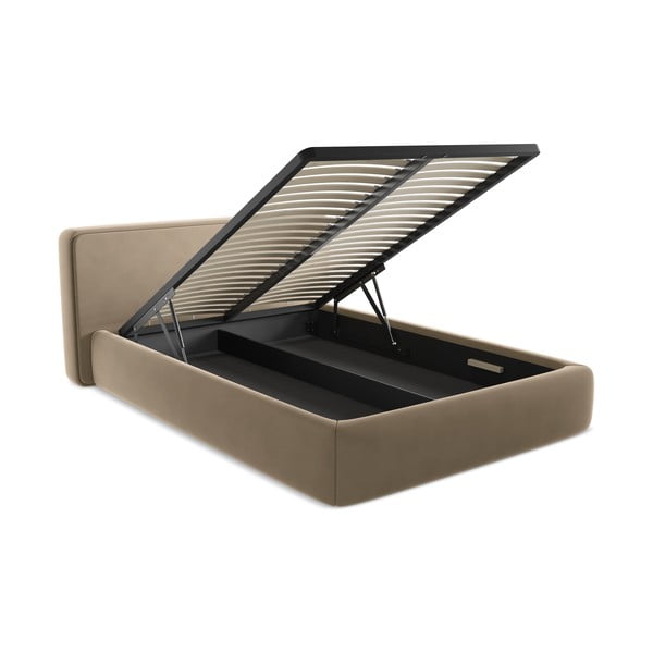 Světle hnědá čalouněná dvoulůžková postel s úložným prostorem s roštem 160x200 cm Kiana – Makamii-image-3