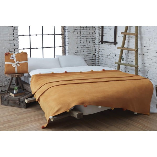 Fleecový přehoz v hořčicové barvě 150x200 cm Pom Pom – Mijolnir-image-1