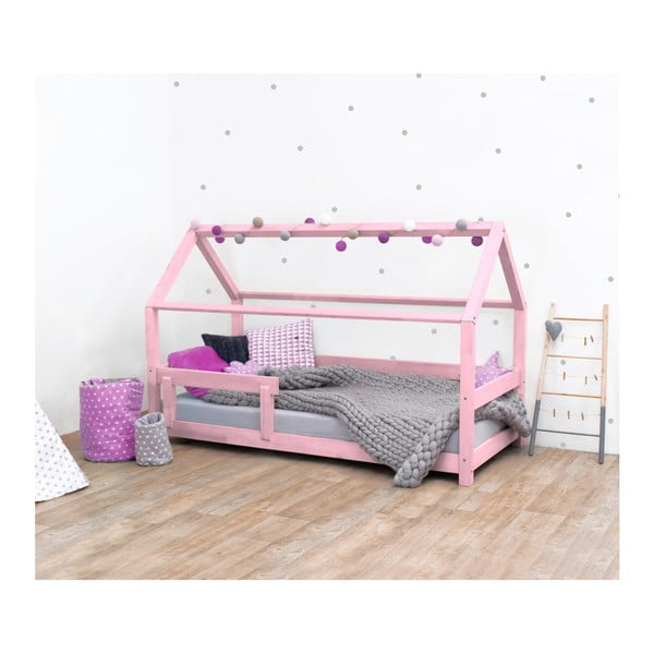 Růžová dětská postel s bočnicí ze smrkového dřeva Benlemi Tery, 90 x 200 cm