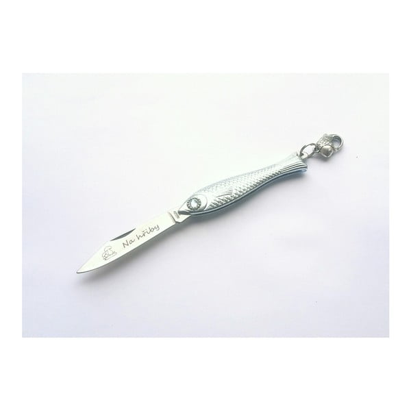 Český nožík rybička ve stříbrné barvě s modrým okem a nápisem Na Hřiby v designu od Alexandry Dětinské