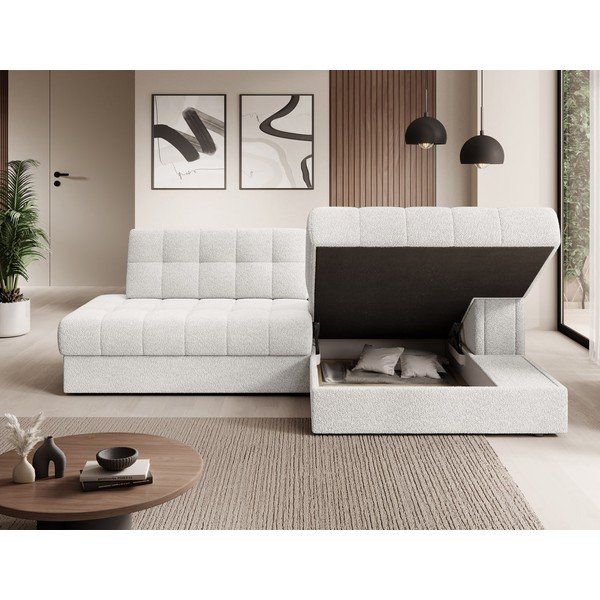 Krémová rozkládací rohová pohovka z textilie bouclé (pravý roh/s lenoškou) Blezalt – ELTAP-image-4