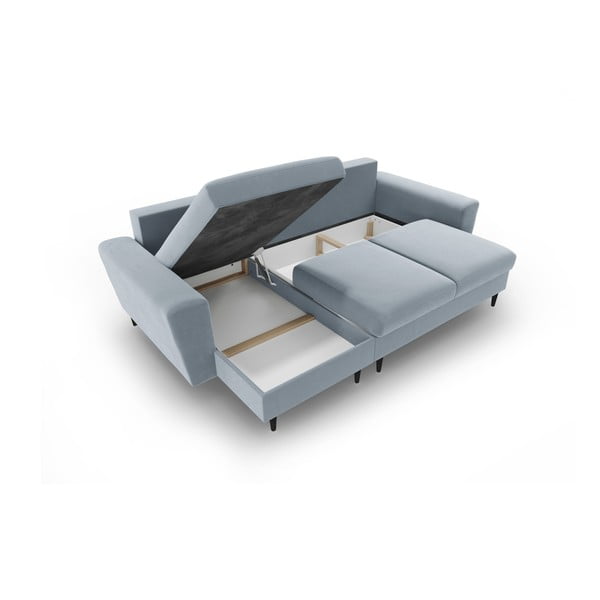 Světle modrá sametová rozkládací/s úložným prostorem rohová pohovka Kyoto – Cosmopolitan Design-image-3