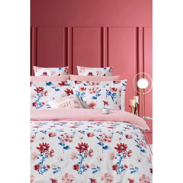 Bílo-růžové prodloužené povlečení na dvoulůžko z bavlny Renforcé s prostěradlem/4dílné 200x220 cm – Mila Home