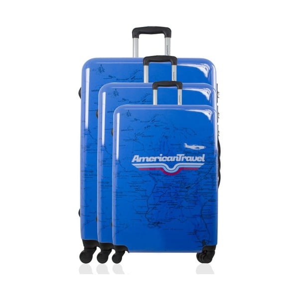 Sada 3 modrých cestovních kufrů na kolečkách American Travel