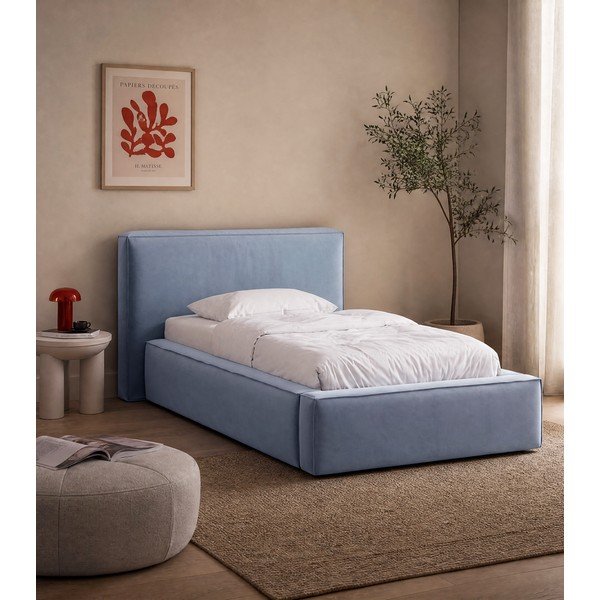 Světle modrá čalouněná jednolůžková postel s úložným prostorem s roštem 90x200 cm Jodie – Micadoni -image-1