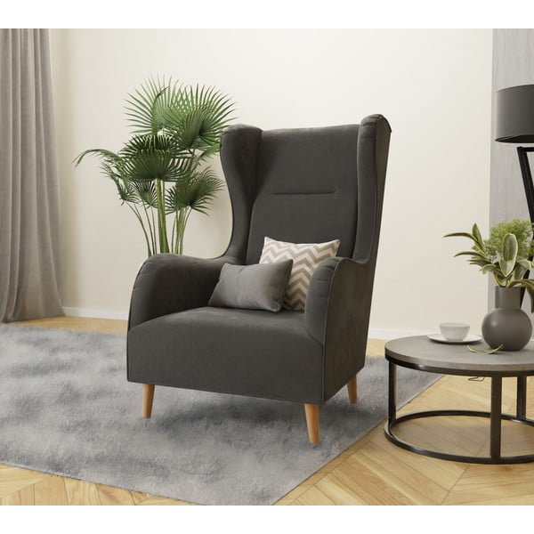 Tmavě šedé sametové křeslo ušák Carole – Ropez-image-3