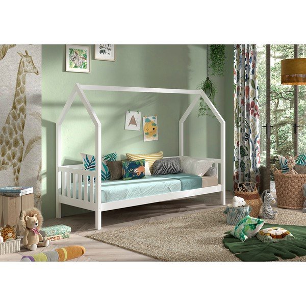 Bílá domečková dětská postel z borovicového dřeva s roštem 90x200 cm Cabane – Vipack-image-1