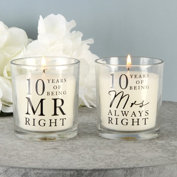Sada 2 svíček s vůní bavlny k 10. výročí Amore Mr. Right and Mrs. Always Right, 18 hodin hoření
