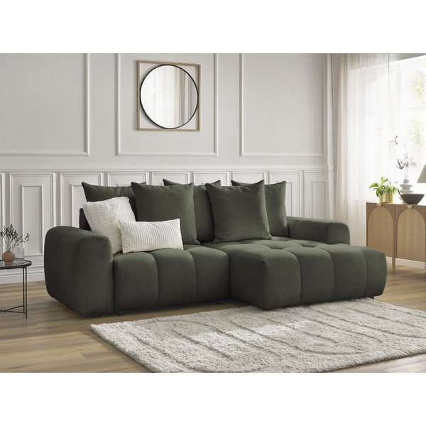 Khaki žinylková rozkládací/s úložným prostorem rohová pohovka (pravý roh/s lenoškou) Roxelane – Bobochic Paris-image-3