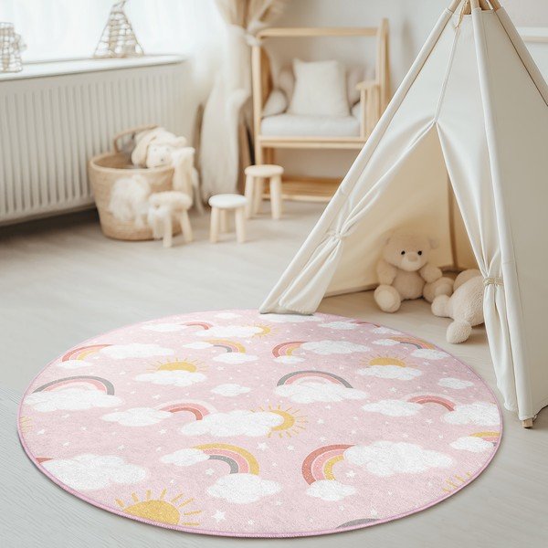 Růžový pratelný dětský koberec ø150 cm Rainbow World – Mila Home-image-1