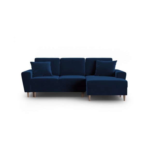 Modrá sametová rozkládací/s úložným prostorem rohová pohovka (pravý roh/s lenoškou) Kyoto – Cosmopolitan Design