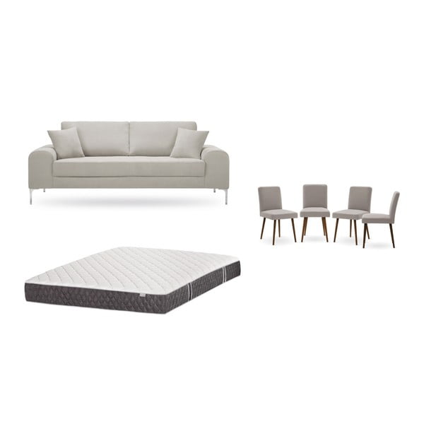 Set třímístné krémové pohovky, 4 šedobéžových židlí a matrace 160 x 200 cm Home Essentials