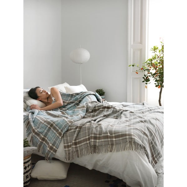 Světle modrý kostkovaný pléd s podílem bavlny Euromant Texas, 140 x 180 cm-image-2