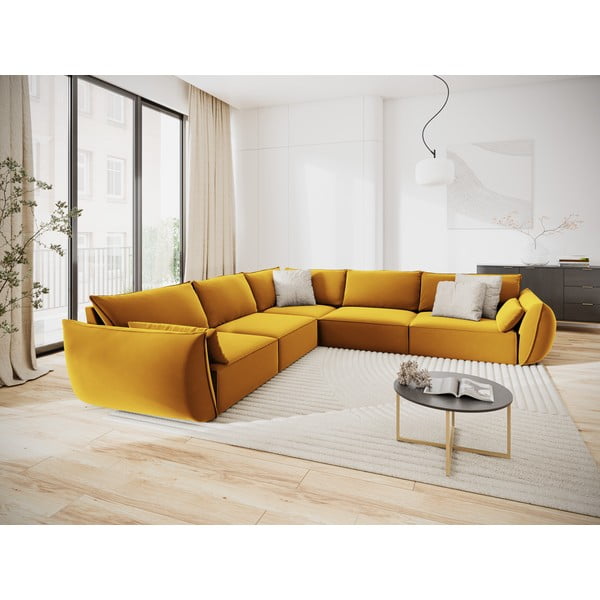 Sametová rohová pohovka v hořčicové barvě Vanda – Mazzini Sofas-image-1