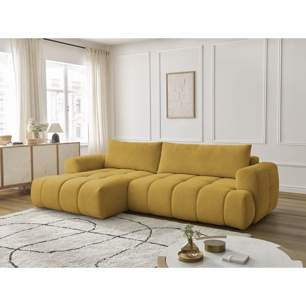 Rozkládací/s úložným prostorem rohová pohovka v hořčicové barvě (levý roh/s lenoškou) Fuji – Bobochic Paris-image-1