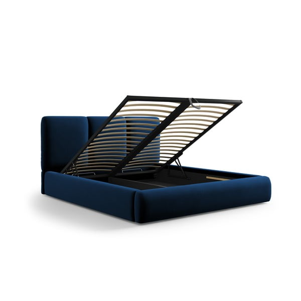 Tmavě modrá sametová čalouněná dvoulůžková postel s úložným prostorem s roštem 200x200 cm Brody – Mazzini Beds-image-3