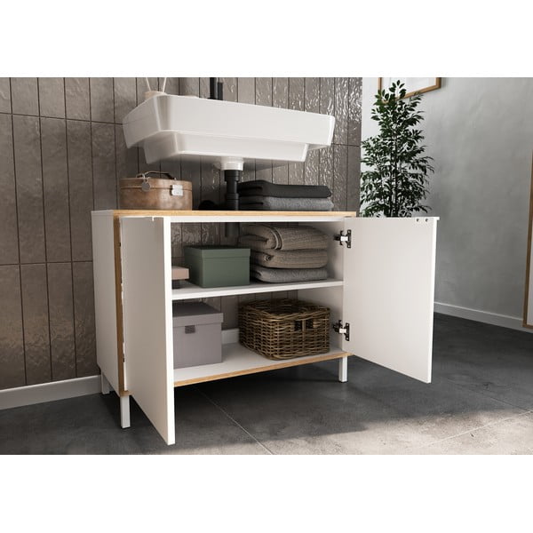 Bílá vysoká skříňka pod umyvadlo 80x60 cm Topeka – Germania-image-4