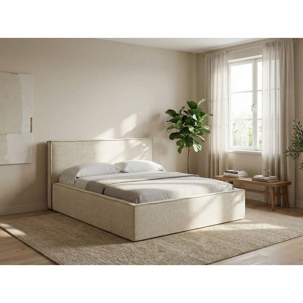 Krémová čalouněná dvoulůžková postel s úložným prostorem s roštem 180x200 cm Anani – Makamii-image-1